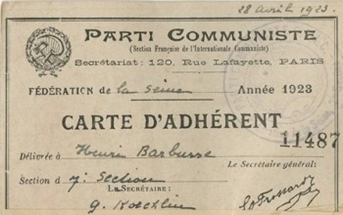 Η ταυτότητα του Ανρύ Μπαρμπύς, ως μέλους του Κομμουνιστικού Κόμματος Γαλλίας