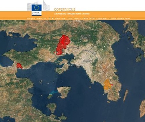 Χάρτης «COPERNICUS» με καμένες έως τώρα εκτάσεις σε Αττική και Κορινθία