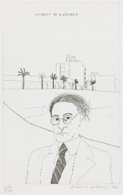 Ο Κ. Π. Καβάφης, σκιτσαρισμένος από τον Αμερικανό καλλιτέχνη Ντέιβιντ Χόκνεϊ (γεν. 1937)