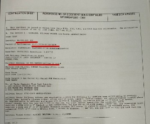 Από έγγραφο των Αμερικανών για 96.000 γαλόνια καυσίμου παραδοτέα στις εγκαταστάσεις τους στη Λάρισα, τμηματικά το διάστημα 1/11/2024 - 30/4/2025. Η κυβέρνηση όμως επιμένει στο ψέμα ότι δεν διακινούνται καύσιμα εκτός αγωγού...