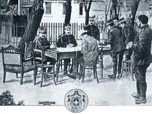 Επίσκεψη του πρωθυπουργού Ελ. Βενιζέλου στο ελληνικό στρατηγείο κατά τη διάρκεια του Ελληνοβουλγαρικού Πολέμου. Αντίκρυ στον Βενιζέλο κάθεται ο αρχιστράτηγος βασιλιάς πλέον Κωνσταντίνος, με τον Δούσμανη δεξιά και τον Ι. Μεταξά αριστερά του