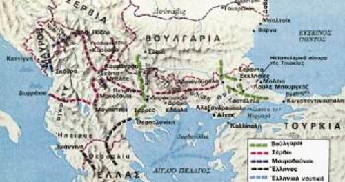 Χάρτης όπου σημειώνονται οι κύριες κινήσεις των στρατών κατά τον Α΄ Βαλκανικό Πόλεμο. Η γραμμή με τις τελείες δείχνει μέχρι ποιο σημείο απωθήθηκαν οι Τούρκοι από τις δυνάμεις των βαλκανικών χωρών