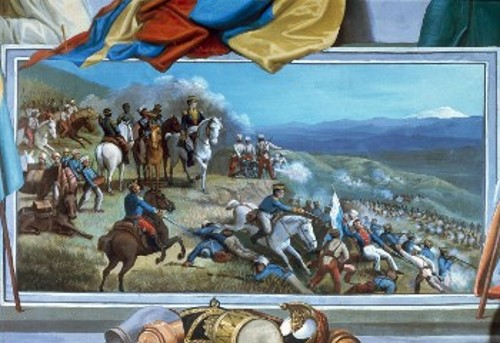 Ο επαναστάτης εν ώρα μάχης, αποκρούοντας τις ισπανικές στρατιωτικές δυνάμεις