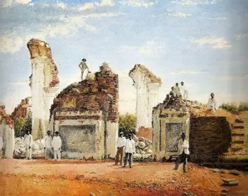 Πίνακας που απεικονίζει ερειπωμένο κτίριο μετά τον φονικό σεισμό της 26ης Μάρτη 1812