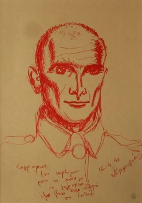 Νεανική αυτοπροσωπογραφία με μελάνι, σε ηλικία 30 ετών, με το σχόλιο «Ζωγράφισα τον εαυτό μου μόνο και μόνο για να ζωγραφίσω - έξω βρέχει κι έχω επιθυμία για δουλειά» (αρχείο ιδρύματος Αικατερίνης Λασκαρίδη)