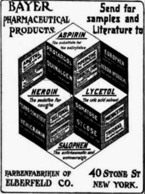 Αφίσα της φαρμακοβιομηχανίας Βayer σε φαρμακείο της εποχής, όπου απεικονίζονται κουτιά ασπιρίνης και ηρωίνης
