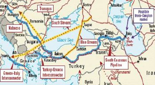 Ο χάρτης των ενεργειακών αγωγών και των ενδοϊμπεριαλιστικών ανταγωνισμών. Διακρίνεται ο ρωσικός αγωγός «South Stream» (με κίτρινο) και ο αμερικανικός «Nabucco» (μπλε) που ξεκινάει από το Αζερμπαϊτζάν