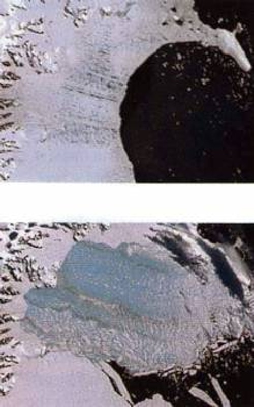 Δορυφορικές εικόνες που δείχνουν το θρυμματισμό ενός τεραστίων διαστάσεων κομματιού επιπλέοντος πάγου, στη χερσόνησο Λάρσεν Β της Ανταρκτικής, την άνοιξη του 2002