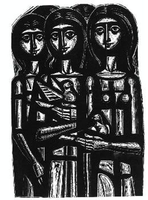 Τάσος (Αλεβίζος), «Κορίτσια με περιστέρια», ξυλογραφία, 40Χ70 εκ.