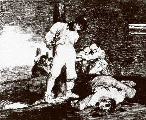 «Και δεν υπάρχει γιατρικό» από τη σειρά «Δεινά του πολέμου». Συμπυκνωμένη βία και εκφραστική κραυγή του ηρωικού άσπρου. Η ένταση φτάνει στο έπακρο κυρίως με την τολμηρή επιλογή του Γκόγια να δείξει στο άκρο δεξιά τις κάννες μόνο των όπλων και όχι τους ίδιους τους αυτουργούς