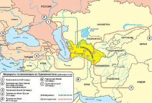 1.Παρακάσπιος αγωγός (προς Ρωσία) 2. Κεντρική Ασία - Κέντρο (προς Ρωσία) 3. Υποθαλάσσια της Κασπίας (και σύνδεση με Ναμπούκο) 4.Τουρκμενιστάν - Ιράν - Τουρκία 5. Τουρκμενιστάν - Ιράν 6. Τουρκμενιστάν - Κίνα 7.Τουρκμενιστάν - Αφγανιστάν - Πακιστάν - Ινδία
