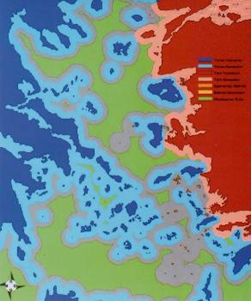 Ανεπίσημος τουρκικός χάρτης όπου διακρίνονται τα ελληνικά χωρικά ύδατα των 6 ν.μιλίων όπως και ο θαλάσσιος χώρος που αυτά θα καταλάβουν αν επεκταθούν στα 12 ν.μίλια