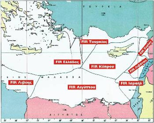 Χάρτης που απεικονίζει την ΑΟΖ των κρατών στην ευρύτερη περιοχή της Αν. Μεσογείου, με βάση το διεθνές δίκαιο της θάλασσας