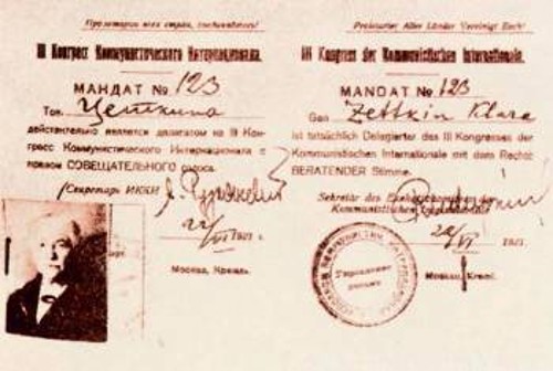 Η κάρτα αντιπροσώπου της Κλάρα Τσέτκιν στο 3ο Συνέδριο της ΚΔ