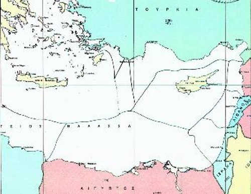 Χάρτης της Αν. Μεσογείου που δείχνει τα όρια της ΑΟΖ κάθε κράτους, σύμφωνα με το Διεθνές Δίκαιο και με βάση την αρχή της μέσης απόστασης