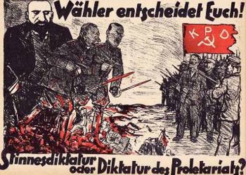 Αφίσα του Κομμουνιστικού Κόμματος Γερμανίας που κυκλοφόρησε στις εκλογές του 1920, γράφει: «Οι ψηφοφόροι υιοθετούν τη στάση σας! Δικτατορία των τραπεζιτών ή δικτατορία των εργαζομένων;»