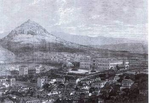 Τα ανάκτορα, η πλατεία Συντάγματος και η γύρω περιοχή. Λιθογραφία από το έντυπο «The Illustrated London News», 1863. Γεννάδειος Βιβλιοθήκη