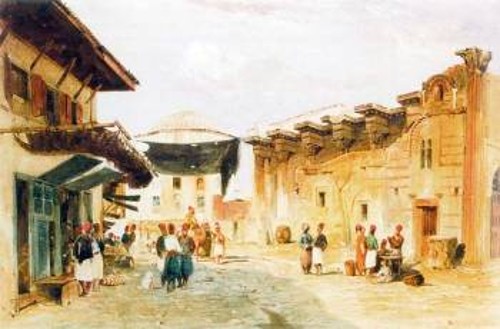 Η Βιβλιοθήκη του Αδριανού και το παζάρι (έργο του Jean N. de Chacaton, 1839). Μουσείο Μπενάκη