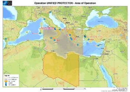 Ο αποκαλυπτικός χάρτης με τον τίτλο «Operation UNIFIED PROTECTOR - Area of Operation» (Επιχείρηση Ενοποιημένος Προστάτης - Περιοχή Επιχειρήσεων) που δημοσιεύεται στην ιστοσελίδα του ΝΑΤΟ, όπου όλη η ελληνική επικράτεια, νότια της Θεσσαλονίκης, περιλαμβάνεται στην περιοχή επιχειρήσεων. Διακρίνονται τα δύο ΝΑΤΟικά στρατηγεία σε Σμύρνη και Νάπολη και οι «airbase» (αεροπορικές βάσεις) Σούδας, Ανδραβίδας, Αράξου, Ακτίου από όπου εξορμούν τα ΝΑΤΟικά μαχητικά για τη Λιβύη