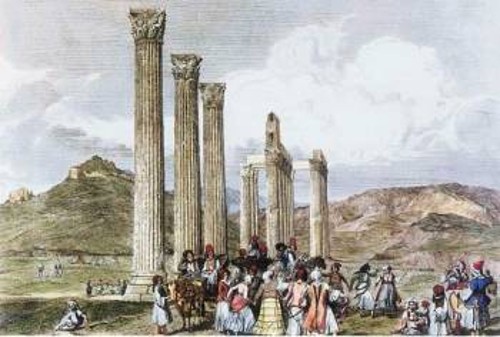 Αθήνα, Στύλοι του Ολυμπίου Διός, 1843. Ο Ιταλός καλλιτέχνης Αντρέα Γκασπαρίνι παρουσιάζει την πολύβουη, σύγχρονη αθηναϊκή ζωή (έγχρωμη χαλκογραφία, Μουσείο της Πόλεως των Αθηνών)