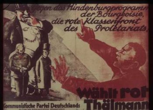 Ανοιξη του 1932, προεδρικές εκλογές στη Γερμανία, υποψήφιος προτάθηκε πάλι ο Χίντενμπουργκ. Η αφίσα του Γερμανικού Κομμουνιστικού Κόμματος γράφει: «Ενάντια στο αντιδραστικό πρόγραμμα του Χίντενμπουργκ της μπουρζουαζίας. Ψηφίστε ταξικά το κόκκινο προλεταριακό ταξικό μέτωπο. Ψηφίστε κόκκινο. Ψηφίστε Τέλμαν»