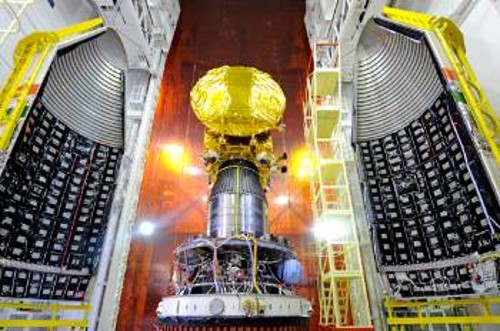 Ο ινδικός δορυφόρος του Αρη τοποθετημένος πάνω στο τέταρτο στάδιο του πυραύλου, λίγο πριν εγκλειστεί μέσα στις θερμικές ασπίδες του κώνου του πυραύλου PSLV-XL