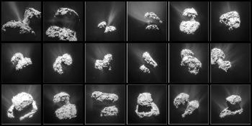 Δεκαοχτώ στιγμές από τη δραστηριότητα (εκπομπές αερίων και σκόνης) του κομήτη Τσουριούμοφ - Γκερασιμένκο, από τις 31 Γενάρη ως τις 25 Μάρτη του 2015, όπως τις κατέγραψε η κάμερα της διαστημοσυσκευής «Ροζέτα»