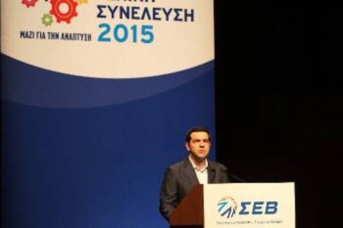 Ο Αλ. Τσίπρας στο βήμα της πρόσφατης γενικής συνέλευσης του ΣΕΒ