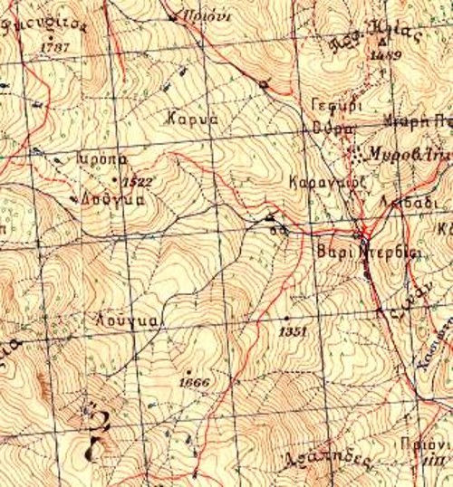 Απόσπασμα χάρτη που δείχνει το πεδίο δράσης της ΣΑΓΑ στον ανατολικό Γράμμο τον Αύγουστο του 1949