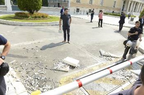 Από τη συμβολική κίνηση διαμαρτυρίας. Συγκεντρωμένοι πέταξαν τελάρα με σαρδέλες στον προαύλιο χώρο της Βουλής