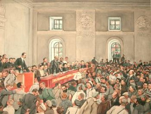 Ο πίνακας του Κ. Γιουόν «Υπάρχει τέτοιο κόμμα!», που απεικονίζει ένα επεισόδιο της συνεδρίασης του 1ου Πανρωσικού Συνεδρίου των Σοβιέτ των εργατών και στρατιωτών βουλευτών. Ο Λένιν από τη θέση του απαντά στον Τσερετέλι που μιλά από το βήμα, έναν από τους ηγέτες του μενσεβικισμού και υπουργό ταχυδρομείων και τηλεγραφείων της Προσωρινής Κυβέρνησης συνασπισμού. Προεδρεύει ο Τσχεΐντζε