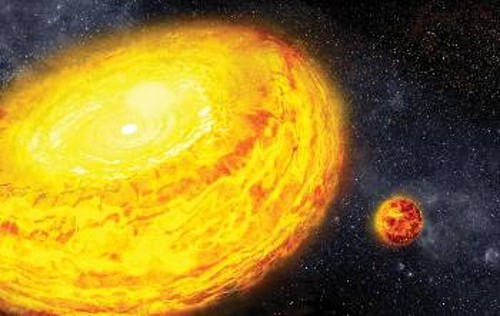 Απεικόνιση της συνεστίας από την οποία ίσως δημιουργήθηκε το σύστημα Γης - Σελήνης, την περίοδο που η συνεστία έχει ήδη συρρικνωθεί αρκετά ώστε να έχει ξεπροβάλει από το εσωτερικό της η διάπυρη ακόμα Σελήνη