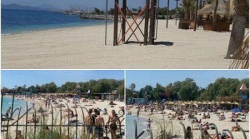 Αυτή η κατάσταση επικρατούσε στον Αλιμο το περασμένο Σαββατοκύριακο. Δίπλα στην άδεια ιδιωτική παραλία (πάνω), εκατοντάδες άνθρωποι συνωστίζονται (φωτ. από την ιστοσελίδα «notia.gr»)