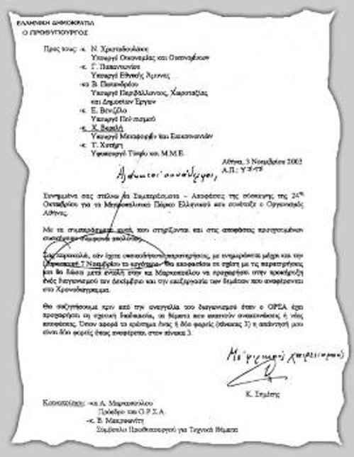 Φωτοτυπία 1: Το έγγραφο με την υπογραφή Σημίτη προς τους συναρμόδιους υπουργούς