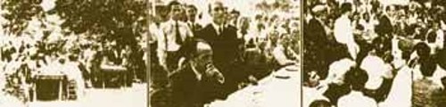 Τρεις φωτογραφίες της Πανελλαδικής Αντιφασιστικής και Αντιπολεμικής Συνδιάσκεψης την ώρα που μιλά ο εισηγητής αντιφασίστας διανοούμενος Ν. Καρβούνης