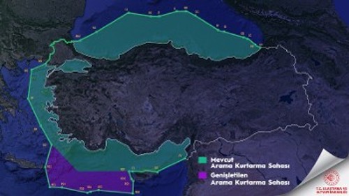 Ο τουρκικός χάρτης που συνοδεύει τον νέο τουρκικό νόμο για την έρευνα και διάσωση, διχοτομώντας το Αιγαίο