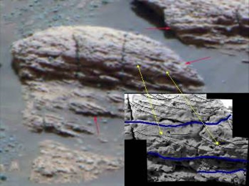 Μερικά από τα πετρώματα που φωτογράφισε το «Οπορτούνιτι» και δείχνουν την ύπαρξη επιφανειακού νερού στο παρελθόν του Αρη. Τα κόκκινα βέλη επισημαίνουν χαρακτηριστικά πού δείχνουν εγκάρσια διαστρωμάτωση. Ειδικότερα το βέλος στη μέση δείχνει την επίδραση ρέοντος νερού σε υποβρύχια ιζήματα. Τα κίτρινα βέλη δείχνουν σημεία που αντιστοιχούν στην εικόνα υπό το μικροσκόπιο. Σ' αυτήν, με μαύρες γραμμές φαίνεται η διεύθυνση της διαστρωμάτωσης