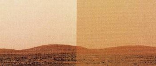 Οι λόφοι στα αριστερά και οι λόφοι στα δεξιά φωτογραφήθηκαν με αρκετές ώρες διαφορά. Η σκόνη που έφερε μια ανεμοθύελλα έχει μειώσει εμφανώς την ορατότητα πάνω από τον κρατήρα Γκούσεφ. Σαν αποτέλεσμα της πιο σκονισμένης από το αναμενόμενο ατμόσφαιρας, το «Σπίριτ» χρειάζεται λιγότερη ενέργεια για να μην παγώσει, αλλά ταυτόχρονα τα ηλιακά του κελιά παράγουν επίσης λιγότερη ενέργεια