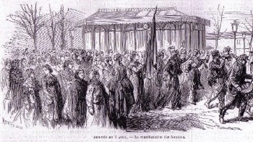 «Διαδήλωση των γυναικών - 3 Απριλίου 1871- Κέρδισαν μεταξύ άλλων και μισθολογική ισότητα» (χαρακτικό, Φ. Ρικεμπούς, 1871)