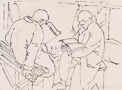 Στο σχέδιο «Οι αναγνώστες», ο Γ. Στεφανίδης εικονίζει το γαλλικό περιοδικό «Lettres Litteraires», το οποίο διάβαζαν οι γαλλομαθείς εξόριστοι, μεταξύ των οποίων ήταν και ο Γ. Ρίτσος