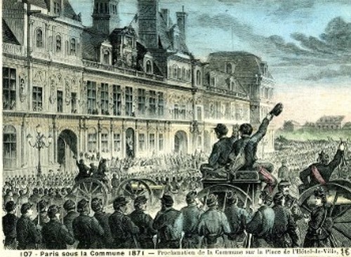 «Η Ανακήρυξη της Κομμούνας στην Πλατεία Δημαρχείου στις 28 Μάρτη 1871», εικονογράφηση για την εφημερίδα «Le Monde illustré», χαρακτικό, 1871-1872