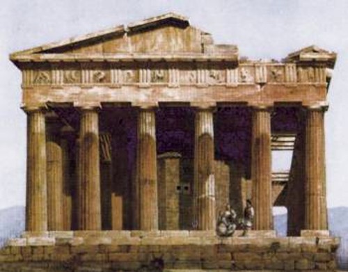 Ο ναός του Θησείου. Εσωτερικά διακρίνεται το ιερό του Αγ. Γεωργίου. Υδατογραφία του Χρ. Χάνσεν το 1833 περίπου