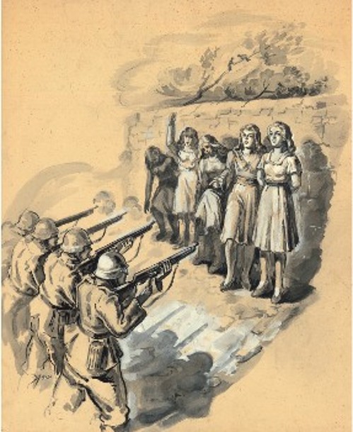 Οι Γερμανοί τουφεκίζουν αγωνίστριες, Σχέδιο με σινική μελάνη και ακουαρέλα