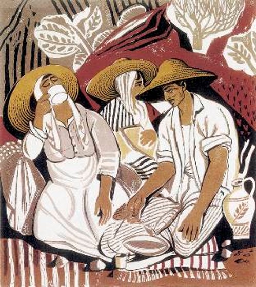 «Μεσημέρι» έγχρωμη ξυλογραφία του Α. Τάσσου