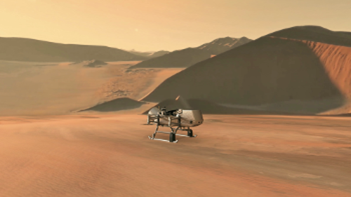 Καλλιτεχνική απεικόνιση του δρόνου της αποστολής «DragonFly», καθώς θα εξερευνά την επιφάνεια του δορυφόρου του Κρόνου, Τιτάνα