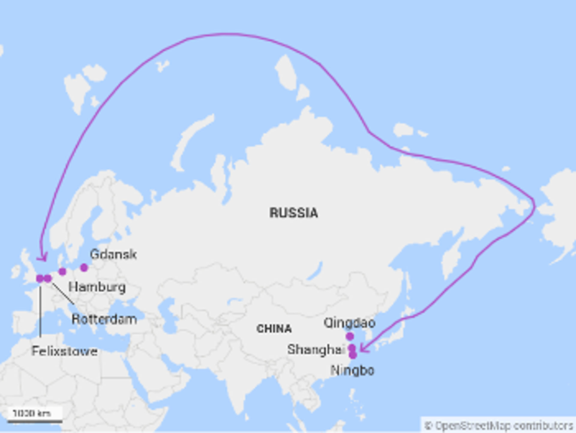 Χάρτης με τη θαλάσσια διαδρομή Arctic Express από την Κίνα μέχρι λιμάνια της Ευρώπης