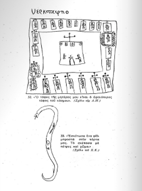 Σχέδια με την υπογραφή ενός κοριτσιού και ενός αγοριού, με τις ακόλουθες λεζάντες: «Ο τάφος της μητέρας μου είναι ο ωραιότερος τάφος του κόσμου» (με ανορθόγραφη τη λέξη νεκροταφείο) και «εσκότωσα ένα φίδι μπροστά στην πόρτα μας. Το σκέπασα με πέτρες και χώμα»