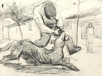 Ανθρωπος και σκύλος παλεύουν για την επιβίωση, η μάχη γίνεται για ένα κόκαλο. Σχέδιο σε φύλλο από μπλοκ τσέπης, μολύβι, 1941