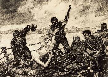 Ξυλογραφία του Γ. Φαρσακίδη. Μακρόνησος «Φάλαγγα» στην κορυφή