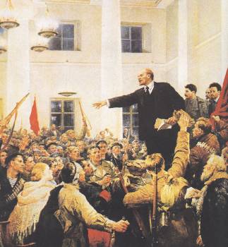 «Ο Λένιν διακηρύσσει την εγκαθίδρυση της μπολσεβίκικης εξουσίας κατά τη διάρκεια του 2ου Συνεδρίου των Σοβιέτ», έργο του Βλαντιμίρ Σέροφ, 1954
